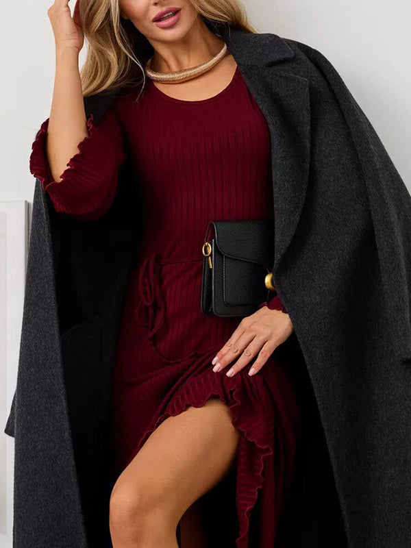 Long Sleeves Pleated Ruffled Solid Color Split-Joint Round-Neck Maxi Dresses