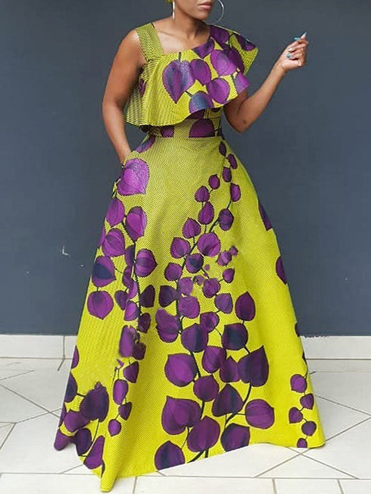 A-Line Sleeveless Asymmetric Printed Split-Joint Asymmetric Collar Evening Dresses Maxi Dresses