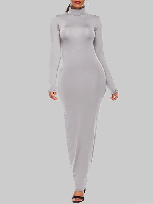 Bodycon Long Sleeves Solid Color High Neck Maxi Dresses