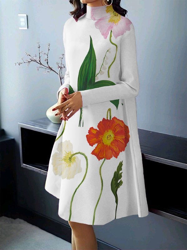 Long Sleeves Loose Flower Print High Neck Midi Dresses