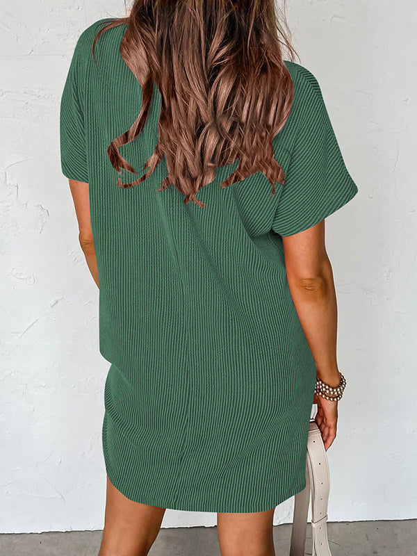 A-Line Loose Contrast Color Pockets Split-Joint Striped Round-Neck Mini Dresses