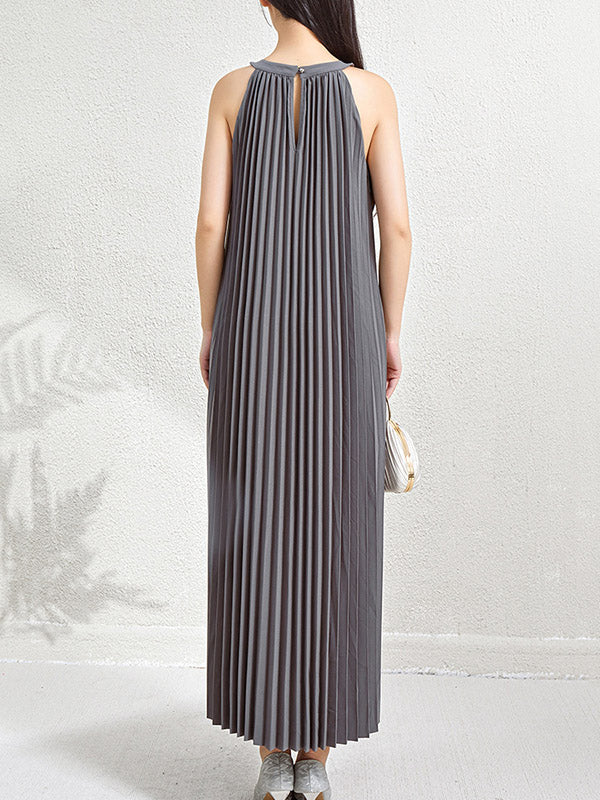 Loose Sleeveless Hollow Pleated Pockets Solid Color Halter-Neck Maxi Dresses