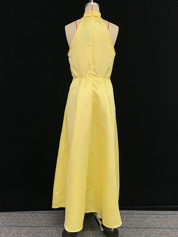 A-Line Loose Belted Pleated Pockets Solid Color V-Neck Midi Dresses