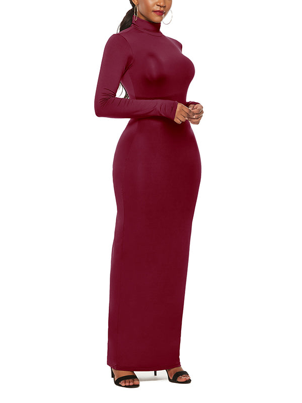 Bodycon Long Sleeves Solid Color High Neck Maxi Dresses