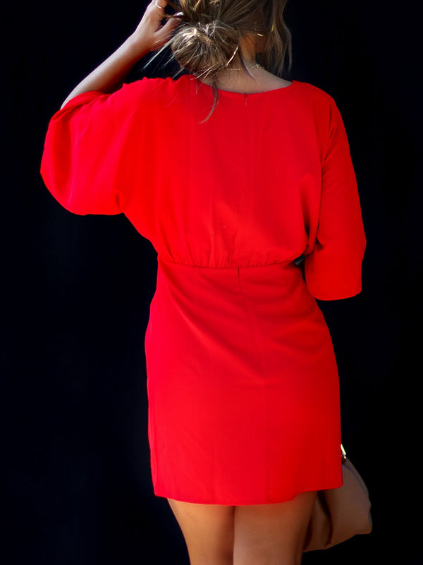 Batwing Sleeves Skinny Pleated Solid Color Split-Joint V-Neck Mini Dresses