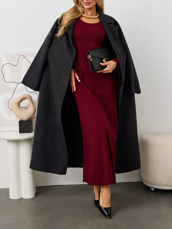 Long Sleeves Pleated Ruffled Solid Color Split-Joint Round-Neck Maxi Dresses