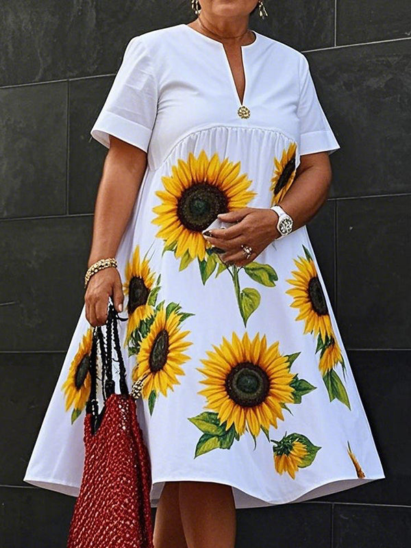 A-Line Loose Flower Print Pleated V-Neck Midi Dresses