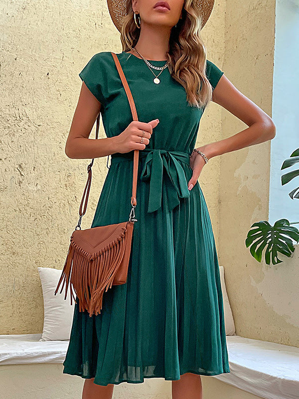 A-Line Loose Pleated Solid Color Tied Waist Round-Neck Midi Dresses