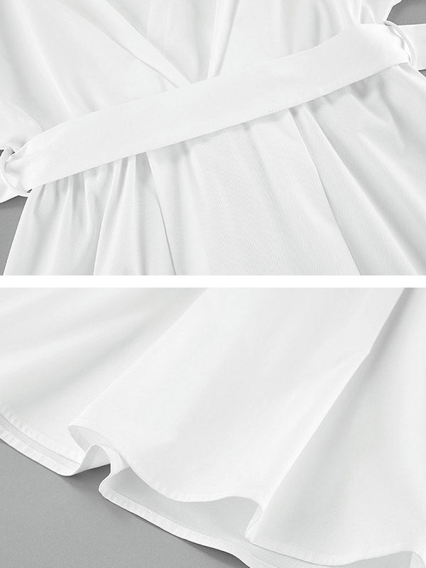 Long Sleeves Loose Pleated Solid Color Split-Joint Tied Waist V-Neck Mini Dresses Shirt Dress