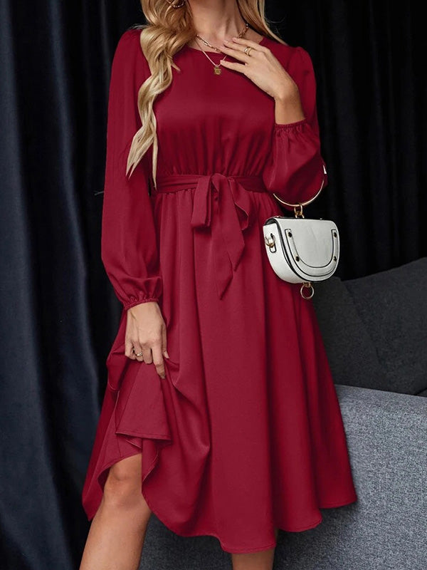 Loose Puff Sleeves Elasticity Pleated Solid Color Split-Joint Tied Waist Round-Neck Midi Dresses