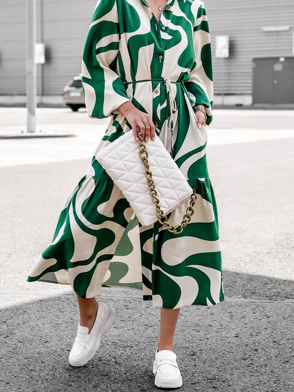 Long Sleeves Loose Contrast Color Pleated Printed Split-Joint Tied Waist Lapel Shirt Dress