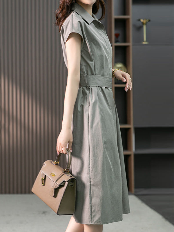 Plus Size Short Sleeves Bandage Solid Color Lapel Midi Dresses