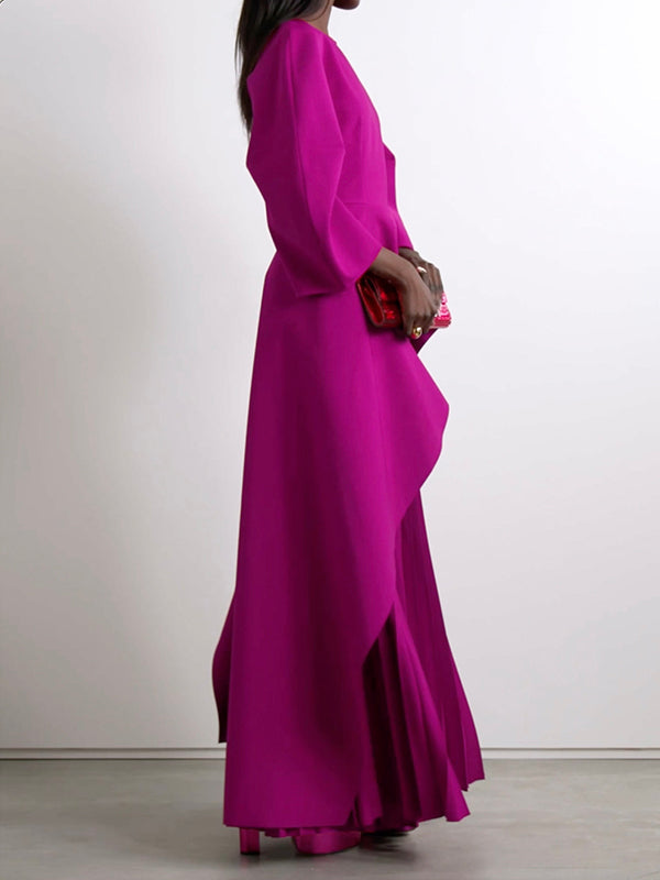 Long Sleeves Loose Pleated Solid Color Split-Joint Tiered Round-Neck Maxi Dresses