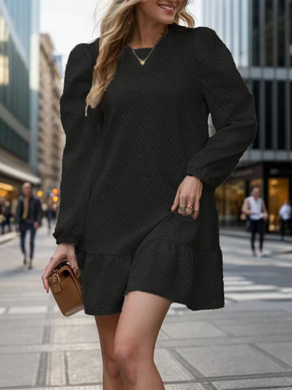 A-Line Long Sleeves Jacquard Pleated Solid Color Split-Joint Round-Neck Mini Dresses