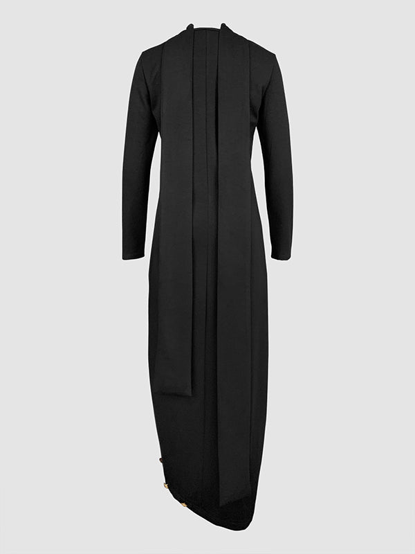 Long Sleeves Loose Asymmetric Buttoned Split-Joint Split-Side Mock Neck Maxi Dresses