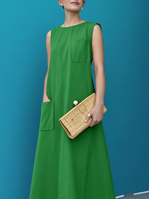 A-Line Loose Pockets Solid Color Round-Neck Maxi Dresses