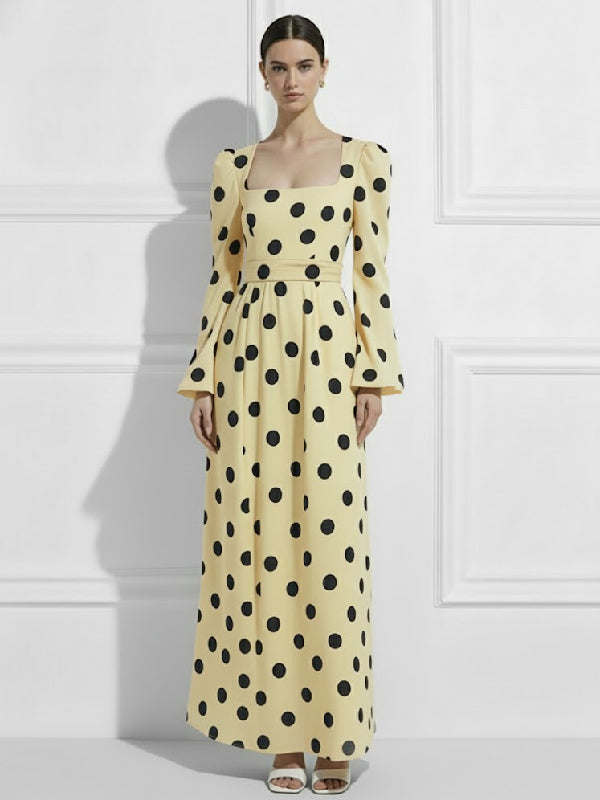 High Waisted Polka Dot Square-Neck Maxi Evening Dresses