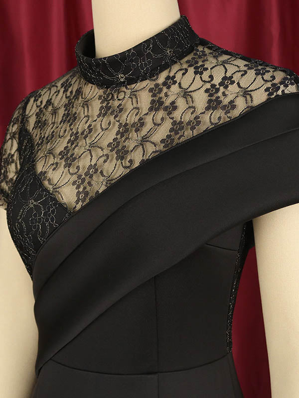 Bodycon High Waisted Ruffle Trim Solid Color Split-Joint Round-Neck Midi Dresses