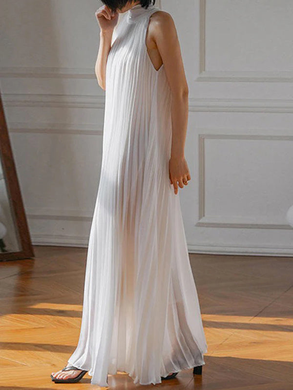 Loose Pleated Solid Color Stand Collar Maxi Dresses