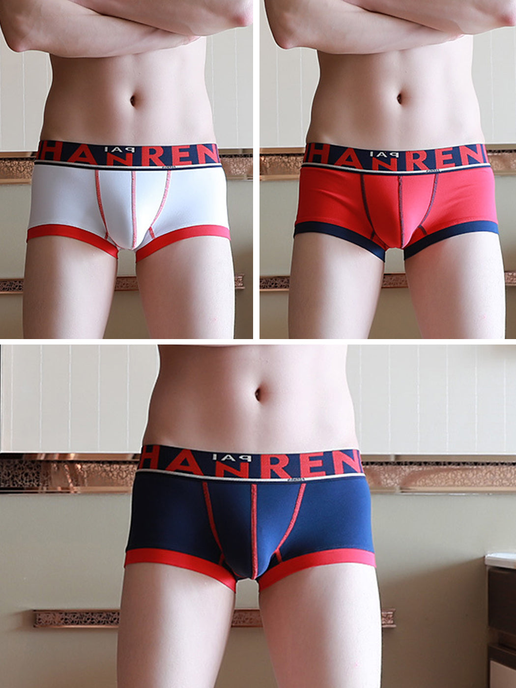 3 Pack Men's Spliced Color Breathable Cotton Trunks