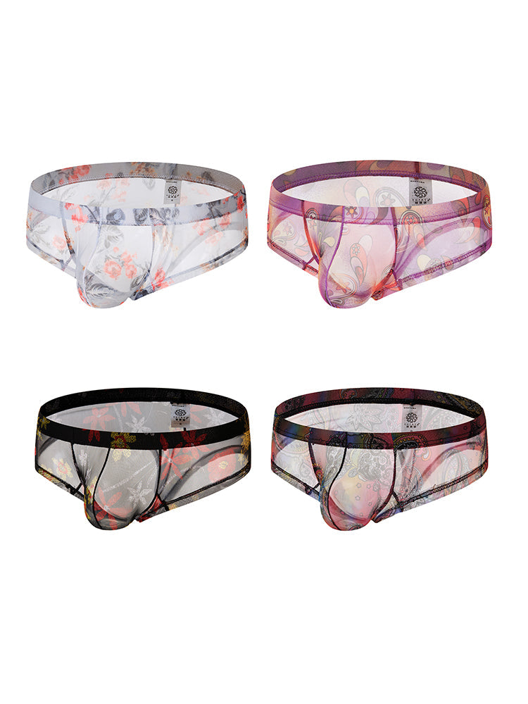 4-pack Men's Lace Print Sheer Mesh Bohemian Boxer Briefs