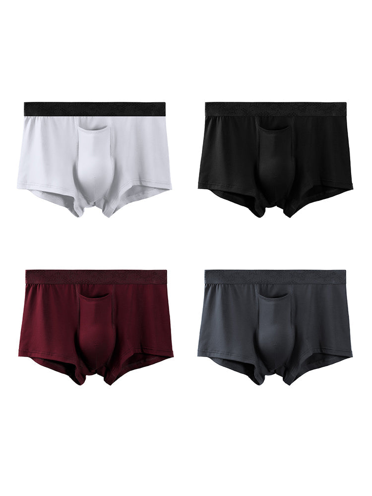 4 Pack Men's Solid Color Separation Pouch Style Separated Breathable Rayon Trunks