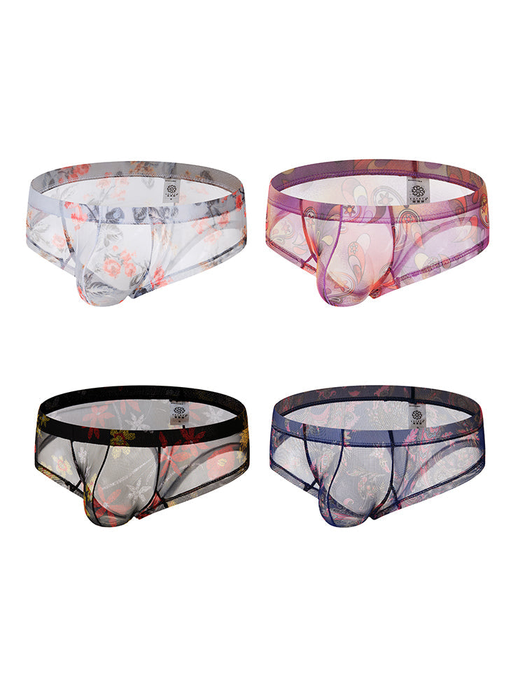 4-pack Men's Lace Print Sheer Mesh Bohemian Boxer Briefs