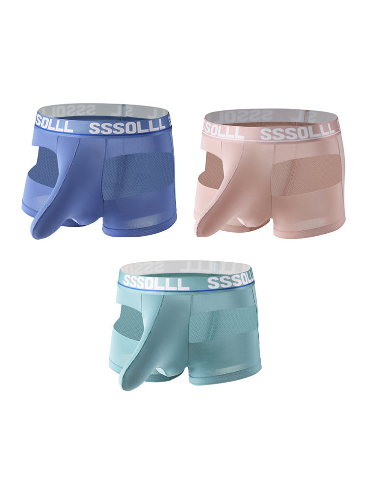 3 Pack Men's Mid-Rise Ice Silk Hollow-Out Trunks