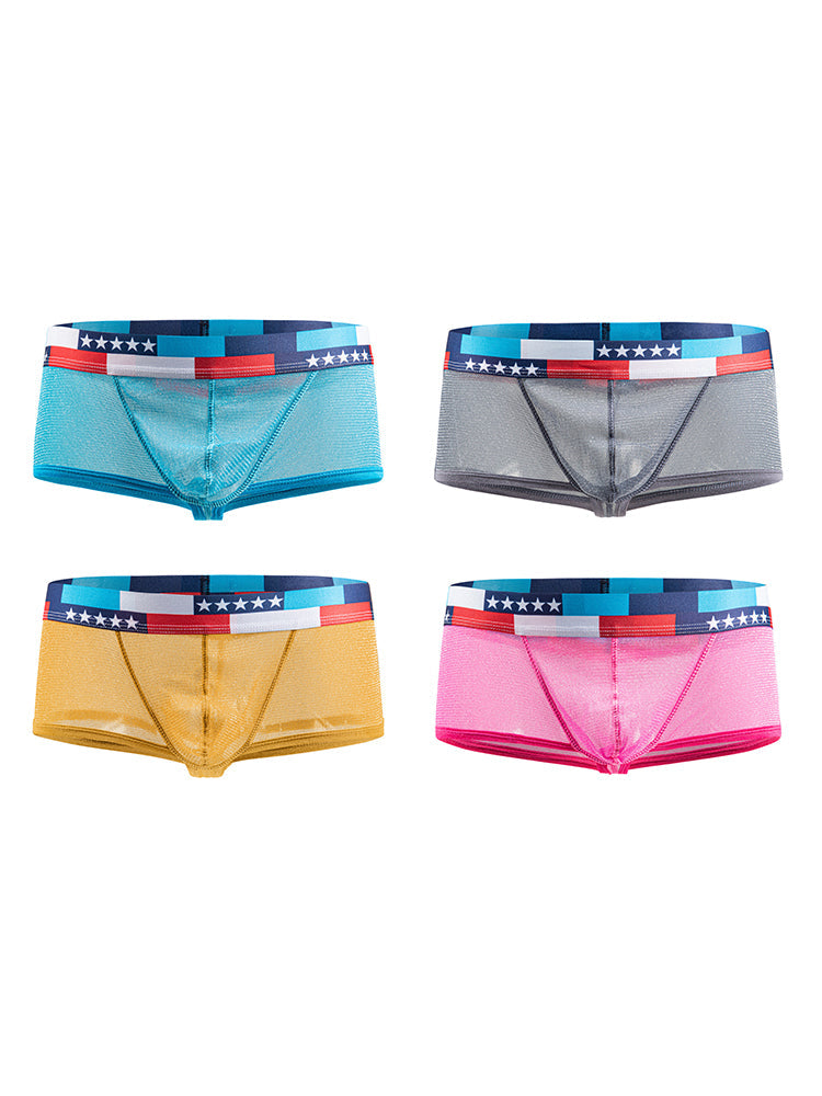 4-pack Men's Low-rise See-through Micro-mesh Pouch Shiny U-convex Wide-edge Boxer Briefs