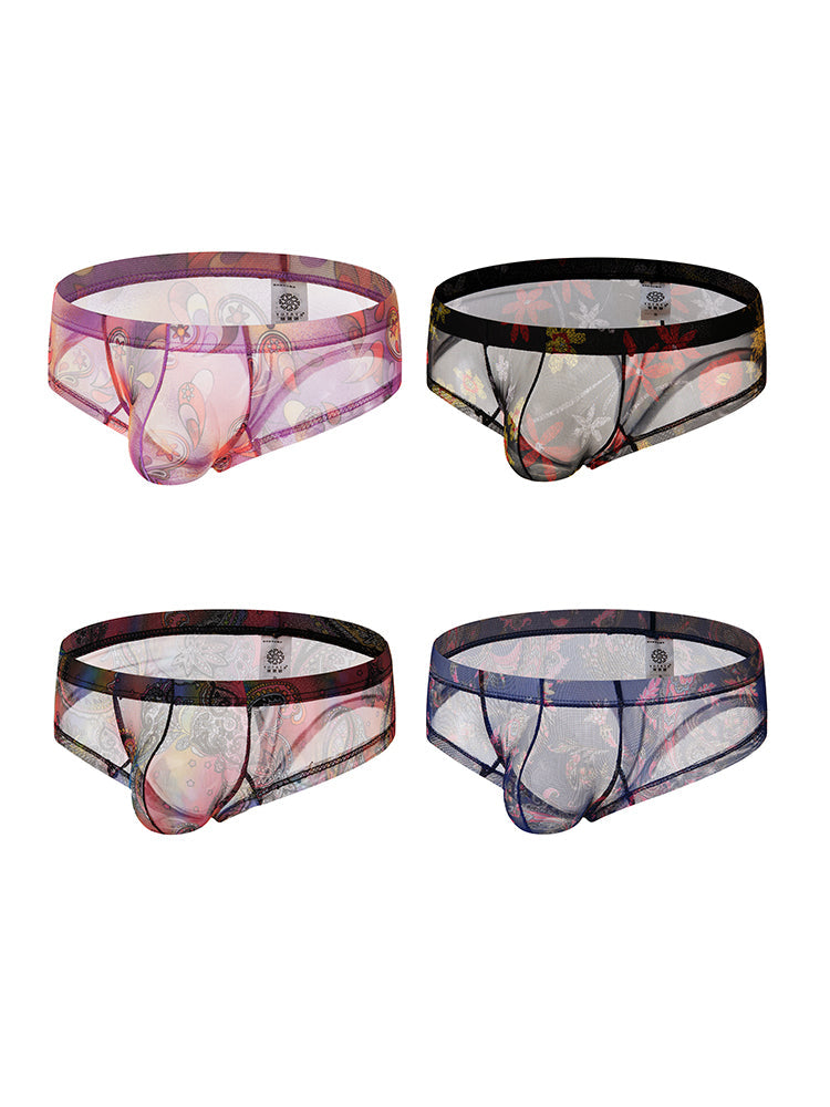 4-pack Men's Lace Print Sheer Mesh Bohemian Boxer Briefs