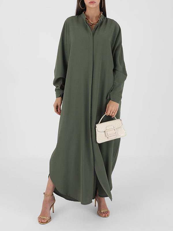 Batwing Sleeves Loose Buttoned Muslim Solid Color Split-Side Round-Neck Maxi Dresses