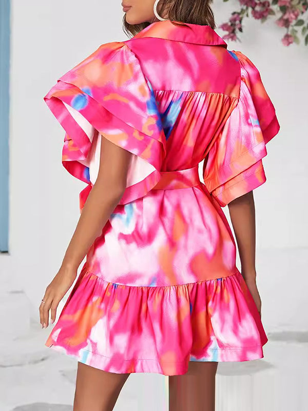 Loose Ruffle Sleeves Buttoned Leaves Print Split-Joint Tied Waist Tie-Dyed Lapel Mini Dresses