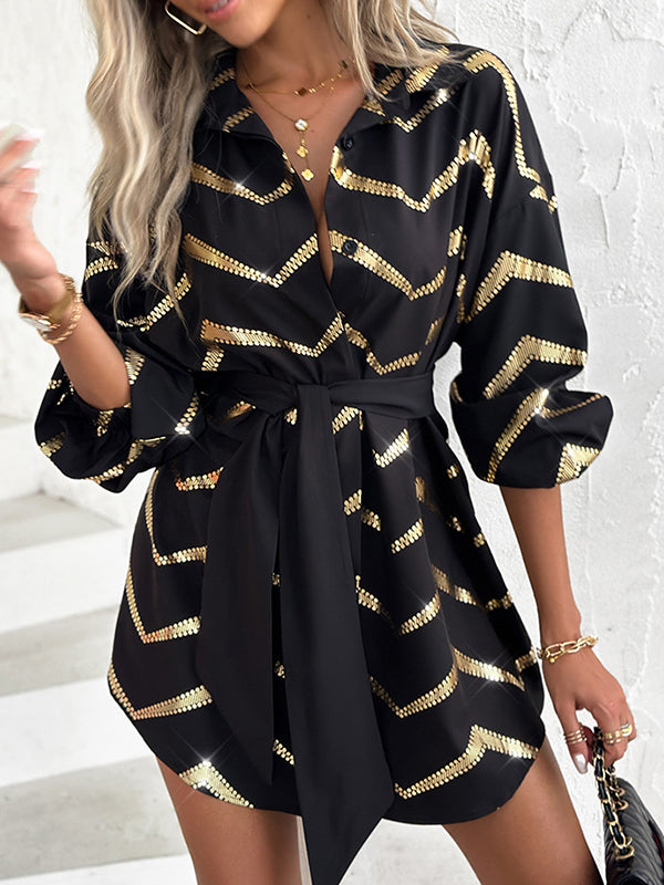 Long Sleeves Loose Buttoned Elasticity Striped Tied Waist Lapel Mini Dresses Shirt Dress