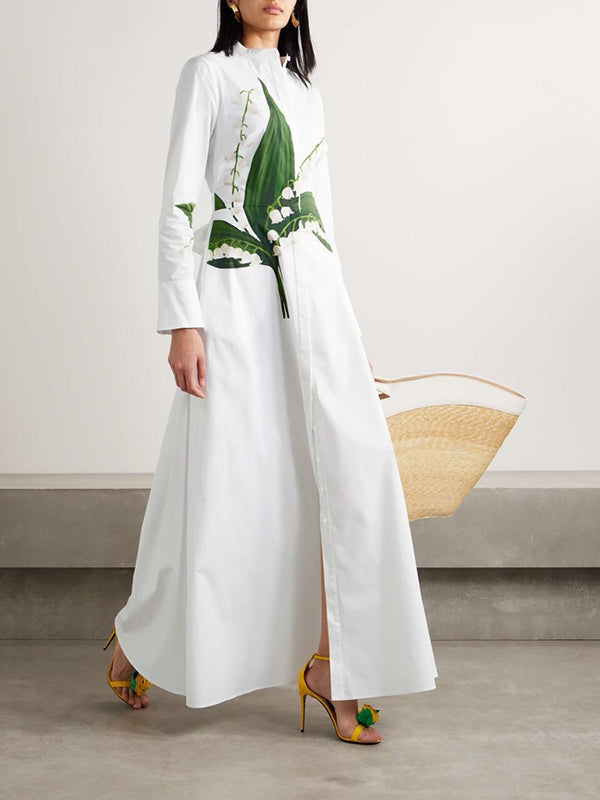 A-Line Long Sleeves Buttoned Flower Print Round-Neck Maxi Dresses