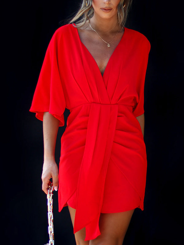 Batwing Sleeves Skinny Pleated Solid Color Split-Joint V-Neck Mini Dresses