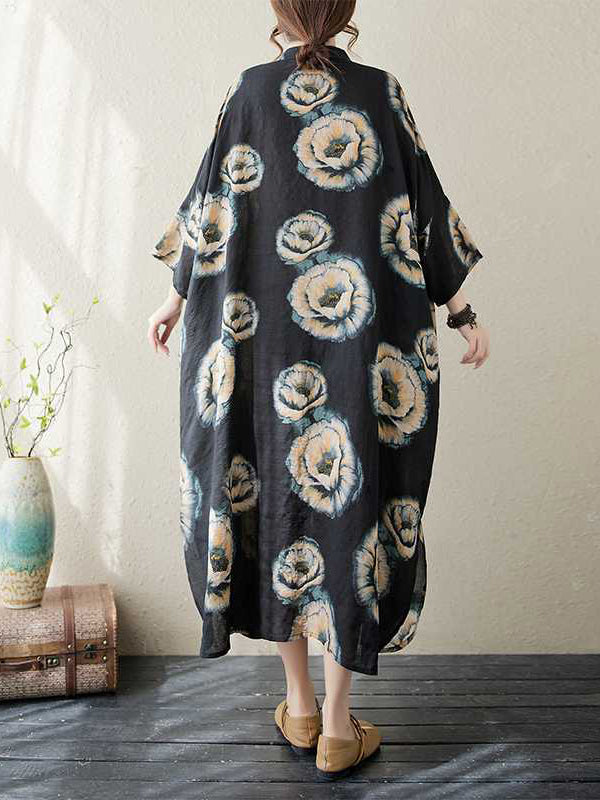 Loose Three-quarter Sleeves Buttoned Flower Print Stand Collar Midi Dresses