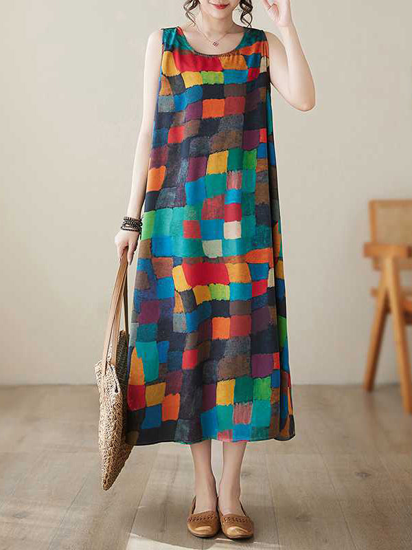 Loose Sleeveless Contrast Color Multi-Colored Plaid Round-Neck Midi Dresses