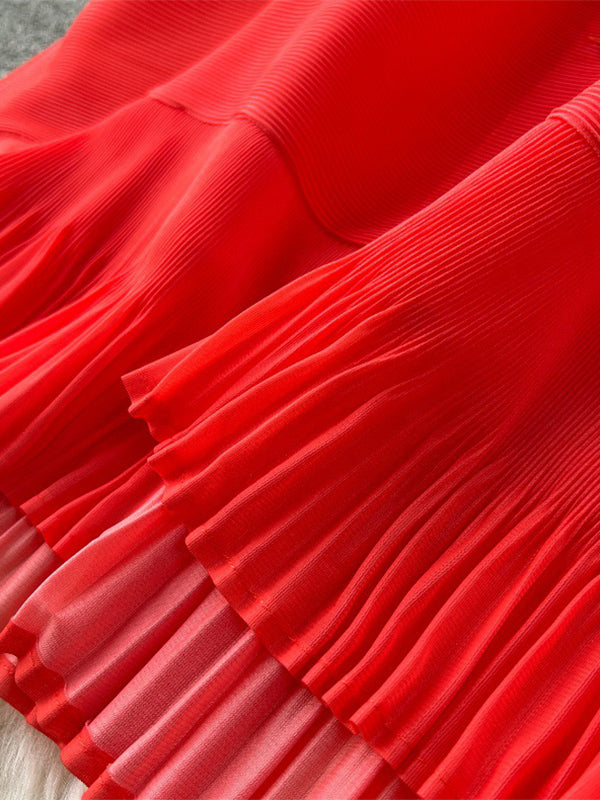 Flared Sleeves Loose Belted Contrast Color Pleated Midi Dresses