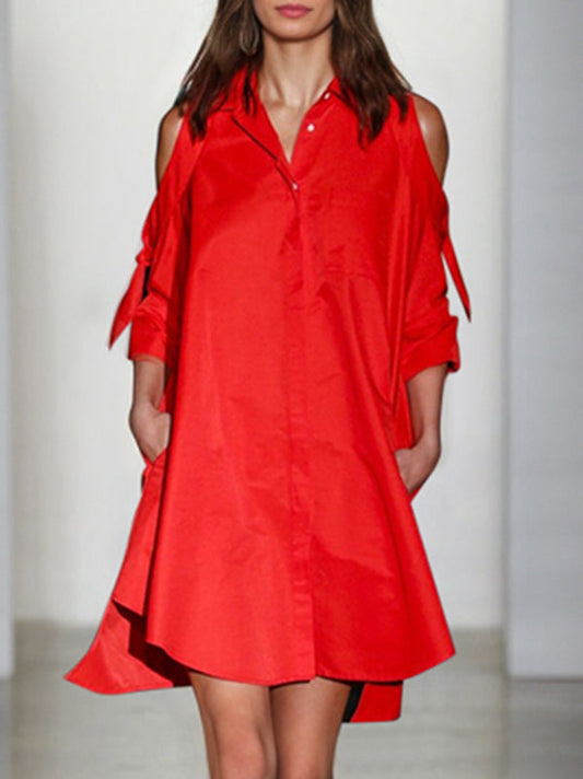 Loose Solid Color Split-Joint Cold Shoulder Mini Dresses Shirt Dress