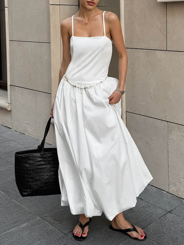 Loose Sleeveless Pleated Solid Color Split-Joint Spaghetti-Neck Midi Dresses