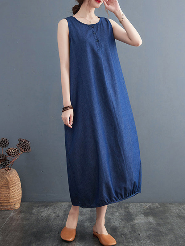 A-Line Loose Buttoned Pleated Solid Color Round-Neck Midi Dresses