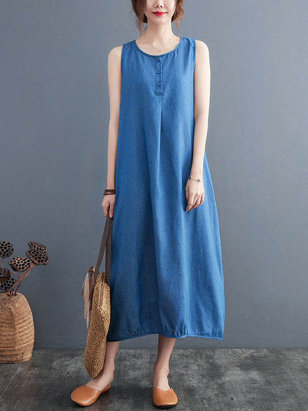 A-Line Loose Buttoned Pleated Solid Color Round-Neck Midi Dresses