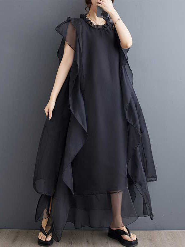 Loose Ruffle Sleeves Falbala Ruffled Solid Color Round-neck Midi Dresses