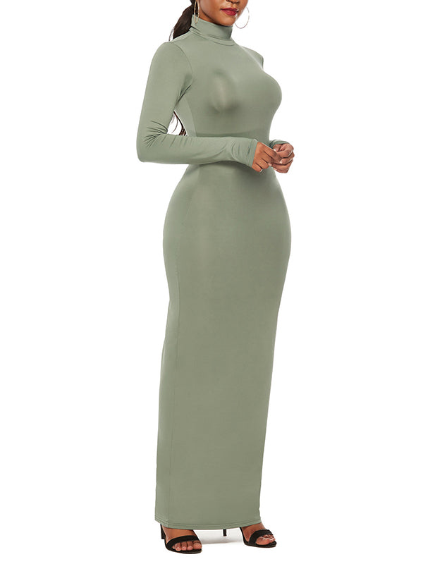Bodycon Long Sleeves Solid Color High Neck Maxi Dresses