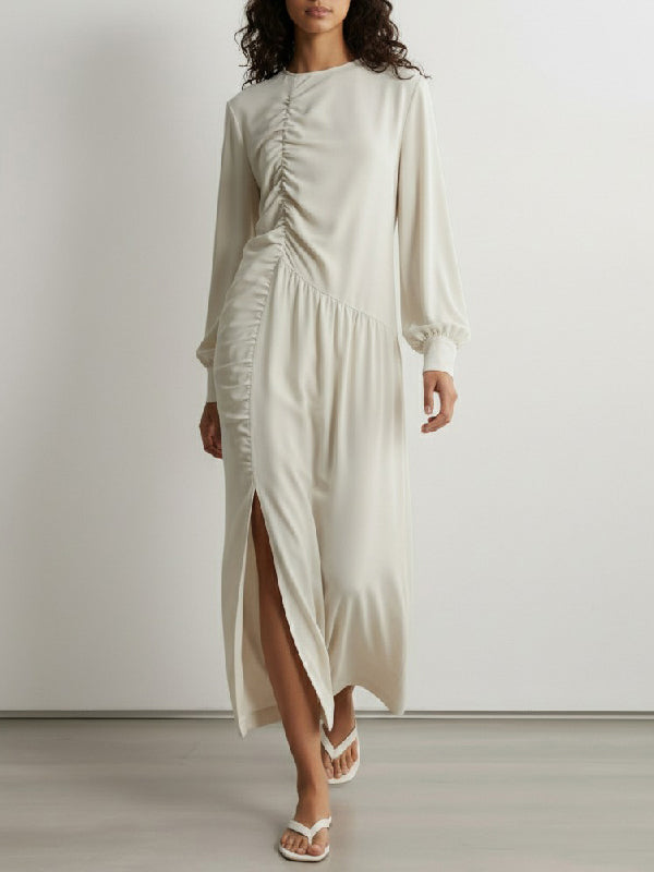 Long Sleeves Puff Sleeves Asymmetric Pleated Split-Joint Split-Side Round-Neck Maxi Dresses