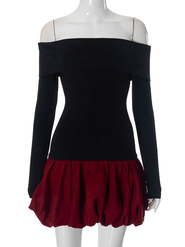 High Waisted Long Sleeves Contrast Color Pleated Split-Joint Off-The-Shoulder Mini Dresses