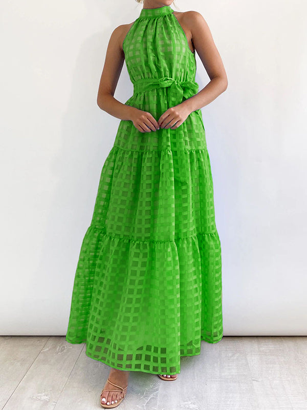 Loose Sleeveless Plaid Ribbed Stand Collar Maxi Dresses