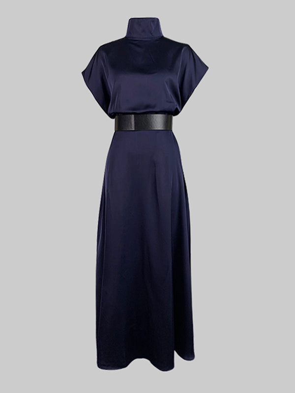 Loose Raglan Sleeve Solid Color Split-Joint Tied Waist High Neck Maxi Dresses