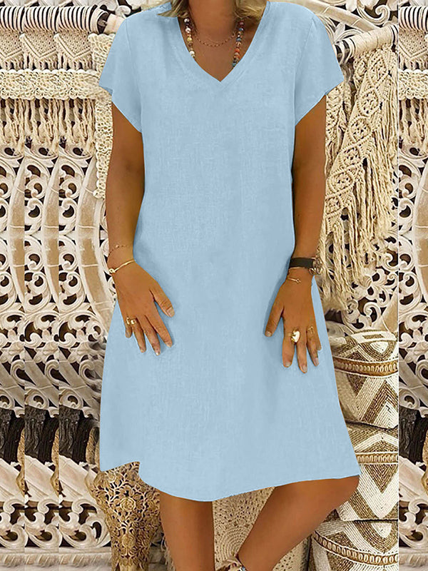 A-Line Loose Solid Color V-Neck Midi Dresses