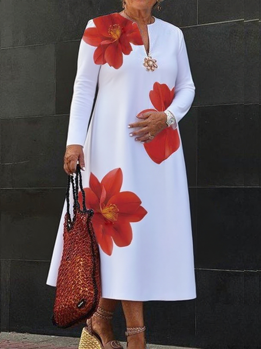 A-Line Long Sleeves Flower Print V-Neck Midi Dresses